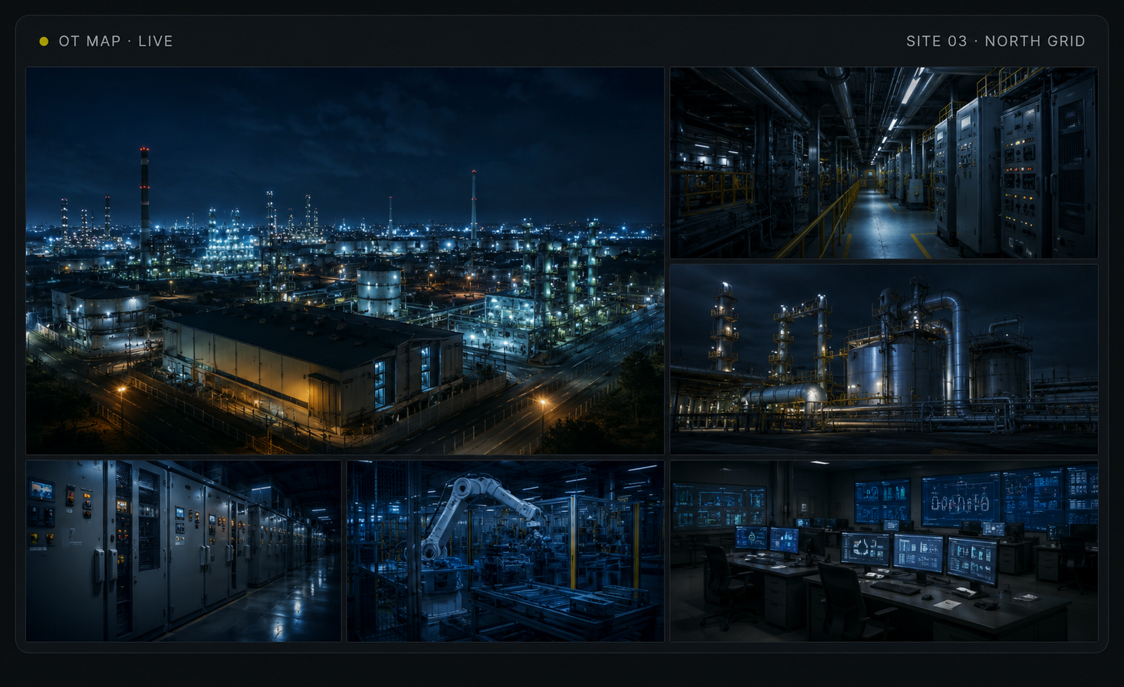 OT MAP live view — Site 03 North Grid: industrial facilities, control rooms, switchgear and robotics